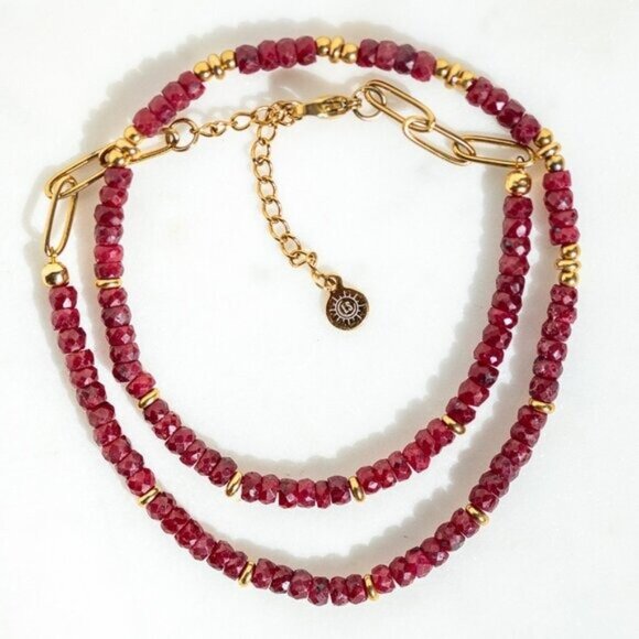 Jewelry - Ruby Beaded Necklace Gold Waterproof Chain July Birthstone Ruby Gemstone Jewelry